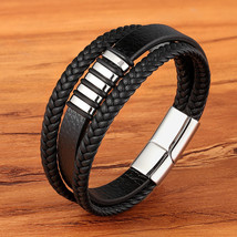 3 Layers Black Punk Style Design Leather Bracelet for Men Stainless Steel Magnet - £13.66 GBP