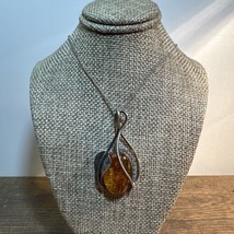 Incredible Amber &amp; Sterling Silver Necklace Leaf Cabochon 22” 2” Pendant - £51.31 GBP