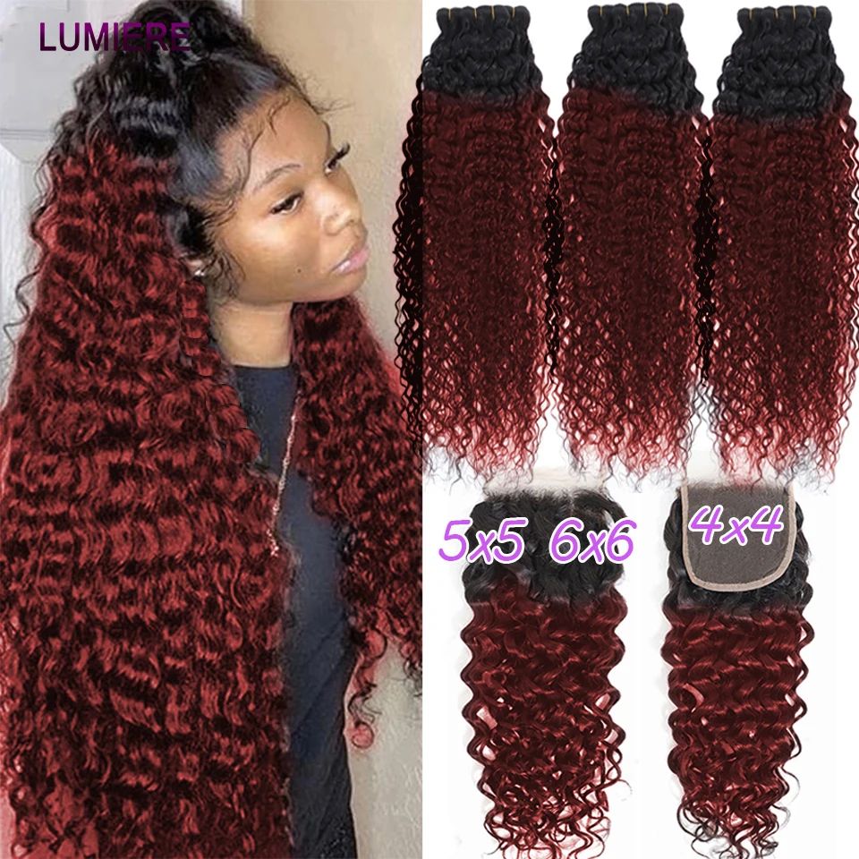 1B/99J Colored Water Wave Bundles with Closure Frontal 5x5 6x6 HD Peruvian Ombre - £223.46 GBP+