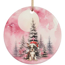 Funny Boston Terrier Puppy Dog Pink Winter Ornament Ceramic Christmas Gift Decor - £11.89 GBP