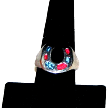 Vintage Red Coral and Turquoise inlay in Silver Tone Horse Shoe Ring  Si... - £17.15 GBP