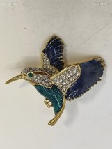 Hummingbird Blue Green Sparkling Enamel  Rhinestones Gold Tone Brooch Pin - £17.40 GBP