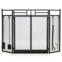 3-Panel Folding Wrought Iron Fireplace Screen W/ Doors &amp; 4 Pieces Tools Set - £112.59 GBP