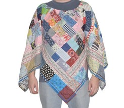 Vintage Patchwork Poncho Womens M Handmade Quilt Blanket Sleeves Tunic Boho - £56.98 GBP