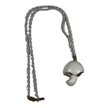 Vintage MCM Monet Enamel Mushroom Necklace White and Gold Tone Pendant 15&quot; - £18.97 GBP