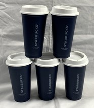 5 Starbucks Coffee Blue Travel Mugs 16 oz Plastic 2012 White Logo - $29.65