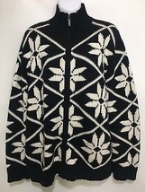 Jones NY Sport XL Black White Snowflakes Cotton Zip-Front Cardigan Sweater - £23.38 GBP