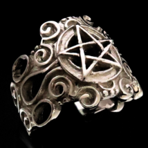 Sterling silver Occult symbol ring Pentagram Medieval style Pentacle high polish - £62.95 GBP