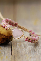 Rose Quartz Heart Beaded Bracelet - £12.34 GBP