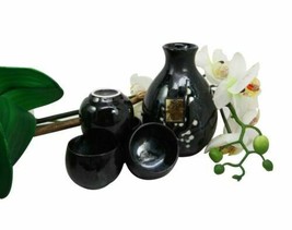 Made In Japan Ceramic Midnight White Cherry Blossoms Sake Flask With 4 Cups Set - £29.75 GBP