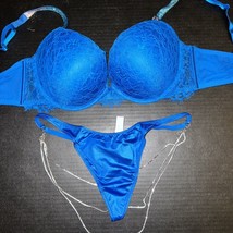 Victoria&#39;s Secret 32B,32D Bra Set Xs,S Strappy Thong Neon Blue Lace Shine Strap - £71.00 GBP