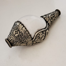Decorative Conch Shell Auspicious Symbols Carved White Metal 5&quot; - Nepal - £39.61 GBP