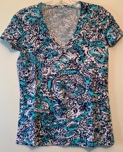 Lilly Pulitzer XS Michele Teal Blue White Stretchy T-Shirt Top Women&#39;s K... - £18.03 GBP