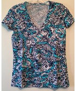 Lilly Pulitzer XS Michele Teal Blue White Stretchy T-Shirt Top Women&#39;s K... - $31.87 CAD
