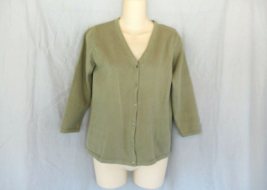 Eddie Bauer sweater cardigan M/S olive green 3/4 sleeves  V neck cotton ... - $11.71