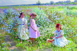 Art Giclee Printed Oil Painting Print Girls Walking Through a Flower Meadow - $10.39+