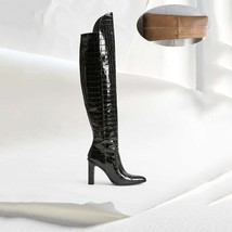 Leather Knee High Boots Women Sexy Chunky High Heels Long Boots Female Winter Pa - £99.99 GBP