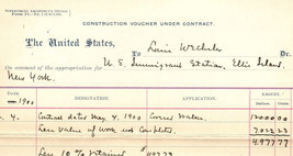 Ellis Island New York Architect 1900 Construction Document Voucher Contract - £252.46 GBP