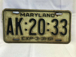 1961 Maryland License Plate AK:20:33 Expired 3-31-1961 - £23.85 GBP