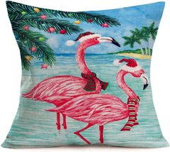 Asminifor Merry Christmas Hawaii Beach Flamingo with Christmas Hat Throw Pillow  - £13.31 GBP