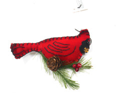 Gallarie II Christmas Ornament Fabric Red Cardinal Bird with Pine Cone  - £5.24 GBP