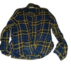 Love Tree Blue and Yellow Cropped Front Plaid Button Down Shirt Size Large - $15.00