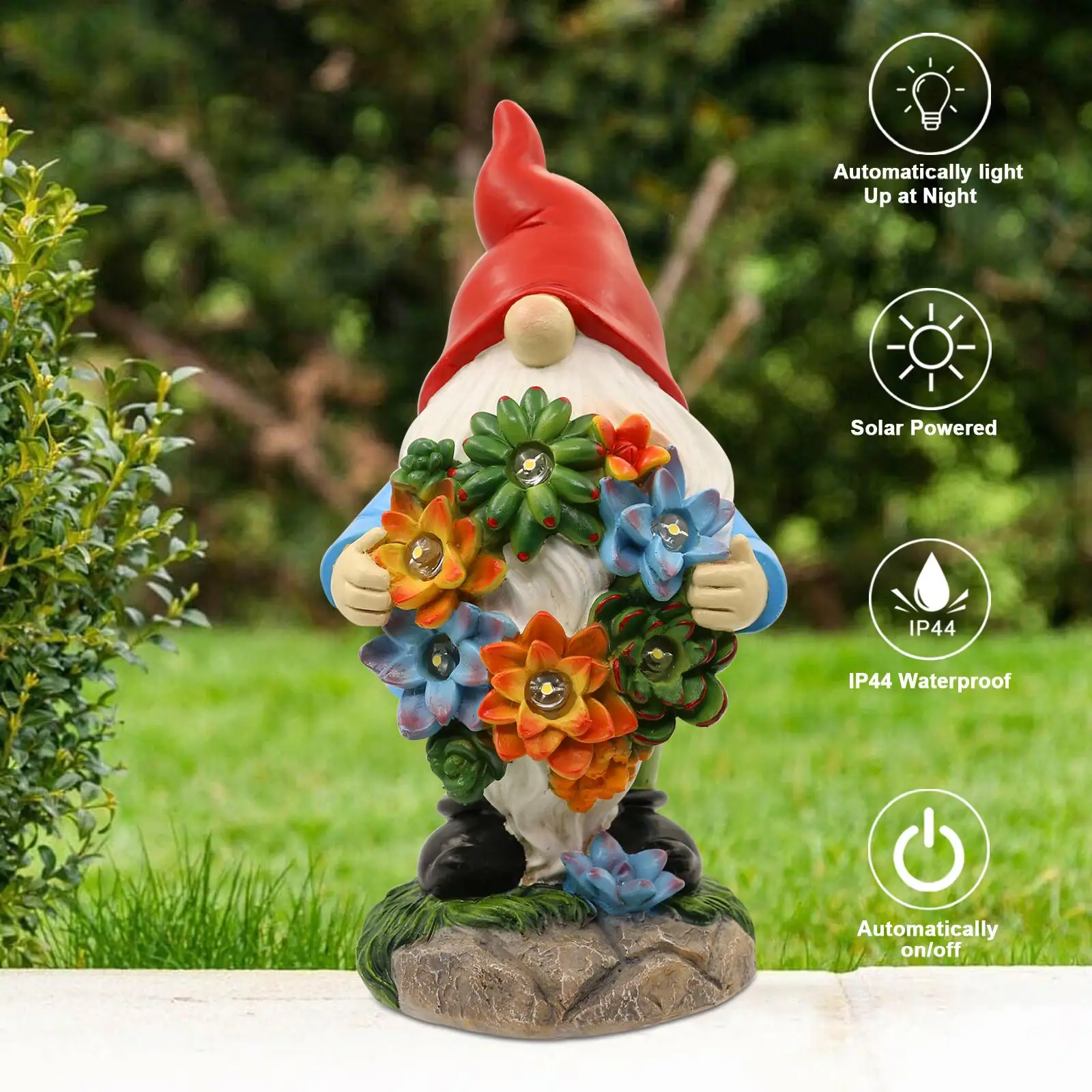 Solar Gnome Statue with Succulent Wreath and 7 LED Lights-Outdoor Lawn Decor Dwa - £88.33 GBP