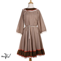 Vintage Malco Modes Brown &amp; White Check Prairie Dress Full Sleeve Eyelet Trim 14 - £54.35 GBP