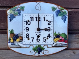 Antique Germany Key Wind Porcelain Enamel Face 8 Day Fruit Wall Clock - £98.75 GBP