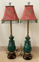 Vintage Frederick Copper Pair of Green Jade Oriental Design Pottery Table Lamps - £946.69 GBP