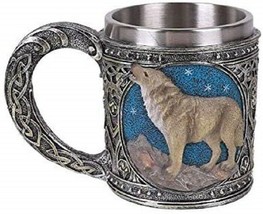 Celtic Howling Direwolf Gray Wolf At Starry Night Mountains Coffee Mug 14oz - £19.11 GBP