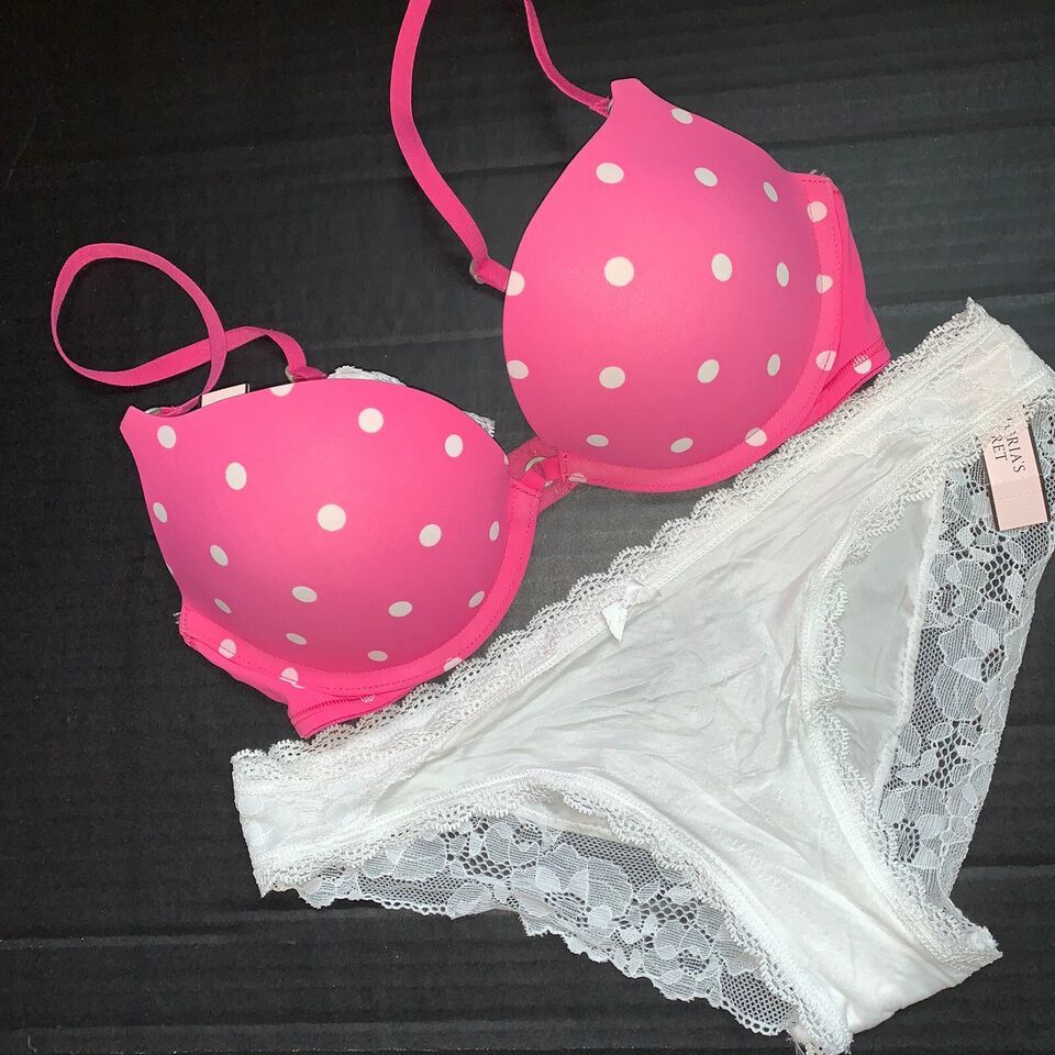 Gilly Hicks 32C BRA SET Victoria&#39;s Secret XS panty HOT PINK white lace P... - $49.49