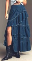 Pilcro Anthropologie Asymmetric Ruffled Tiered Dark Denim Maxi Skirt Size-L - $128.68