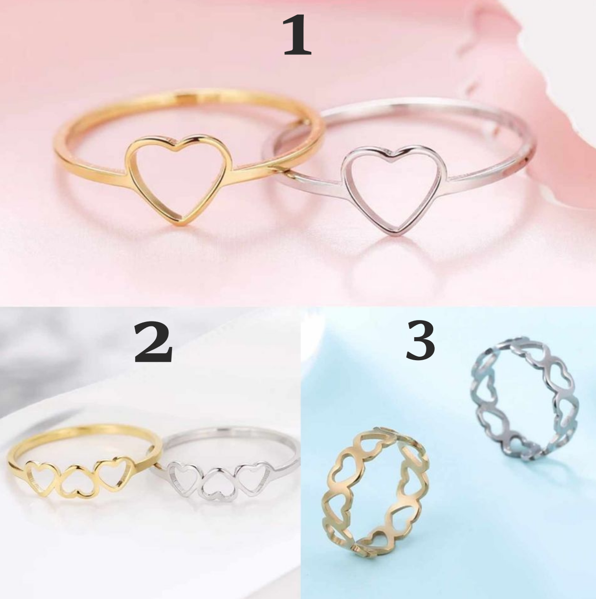Elegant Stainless Steel Lovers Hollow Heart Ring (Silver, Gold)