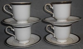 Set (4) Mikasa Petite Bone BLACK TIE PATTERN Cups and Saucers MADE IN JAPAN - £38.75 GBP