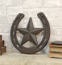 10&quot;W Rustic Cast Iron Cowboy Horseshoe With Western Star Wall Decor Art Plaque - £21.28 GBP
