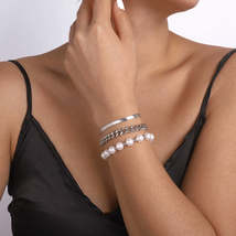 Pearl &amp; Silver-Plated Herringbone Chain Bracelet Set - £11.78 GBP