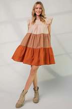 Orange Beige Poplin Tiered Color Block Round Neck Cap Ruffle Sleeves Dress - £20.04 GBP