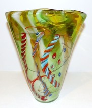 Gorgeous Viz Hand Blown Art Glass Millefiori Green White Blue Red 10 1/2&quot; Vase - £87.04 GBP