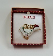 Trifari White Goose Joy Pin Brooch Gold Plated Sparkle Glitter Holiday Christmas - $14.99