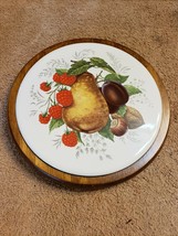 7&quot; Round Ceramic Tile in Wood Base Trivet Wall Plaque Still Life Pear Olives - £7.74 GBP