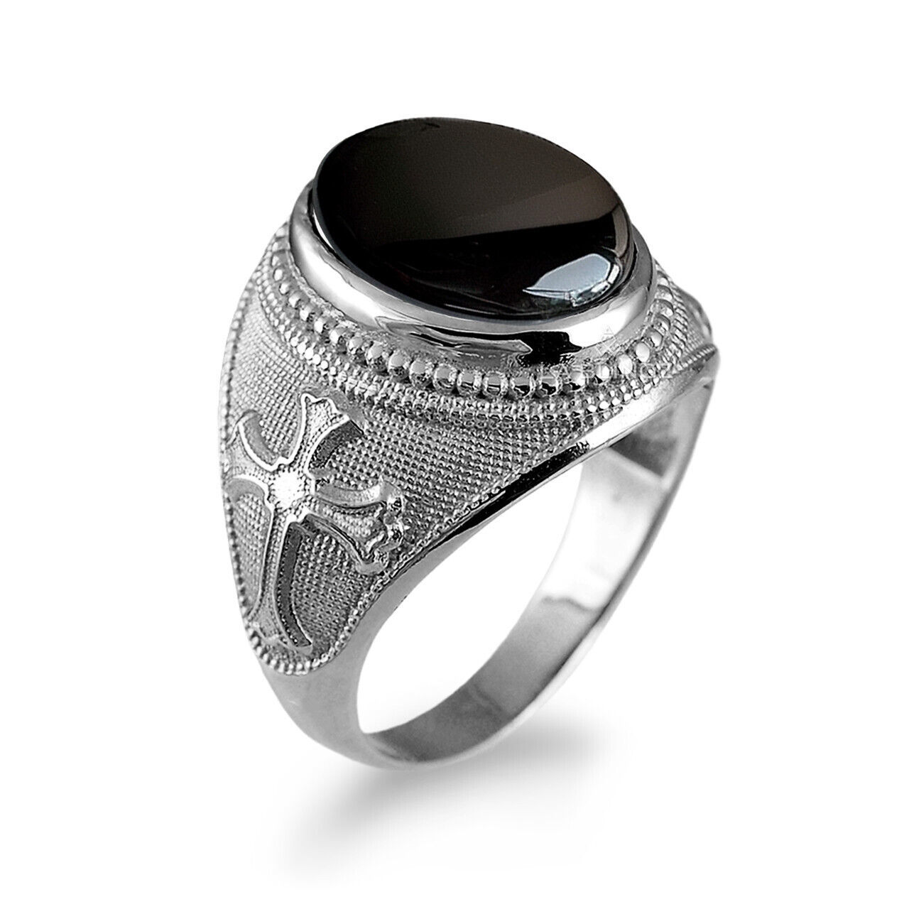 10K Gold Fleur-de-Lis Cross Black Onyx Oval Gemstone Ring Item image 7