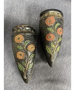 2 Vintage Wall Pocket Tokanabe Cone Shape Vase Floral Design Japan - £25.78 GBP