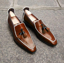 New Handmade Men&#39;s Loafer Shoes, Men Brown Leather Loafer Slip Tassels Casual Sh - £113.76 GBP