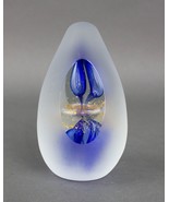 Frosted Blue &amp; Gold Controlled Bubbles Window Art Glass Egg Shaped Paper... - £30.48 GBP