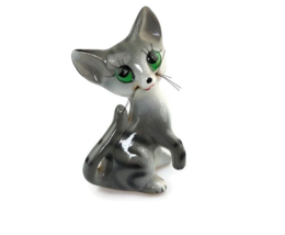 Miniature bone china grey cat with green eyes figurine cute vintage figure gift - £14.11 GBP