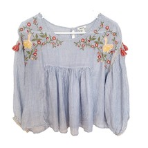 Forever21 Blue White Stripe Cropped Embroidered Boho Top Small - $26.18