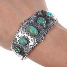 6.25&quot; 40&#39;s-50&#39;s Navajo stamped silver cuff bracelet with turquoise twisted wire - £386.86 GBP