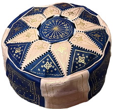 Moroccan blue pouf- Moroccan ottoman hassock - Moroccan pouf blue and beige - £110.11 GBP