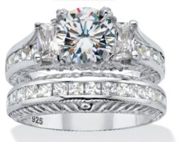 Round Princess Cz 2 Piece Ring Bridal Set Platinum Sterling Silver 6 7 8 9 10 - £183.80 GBP